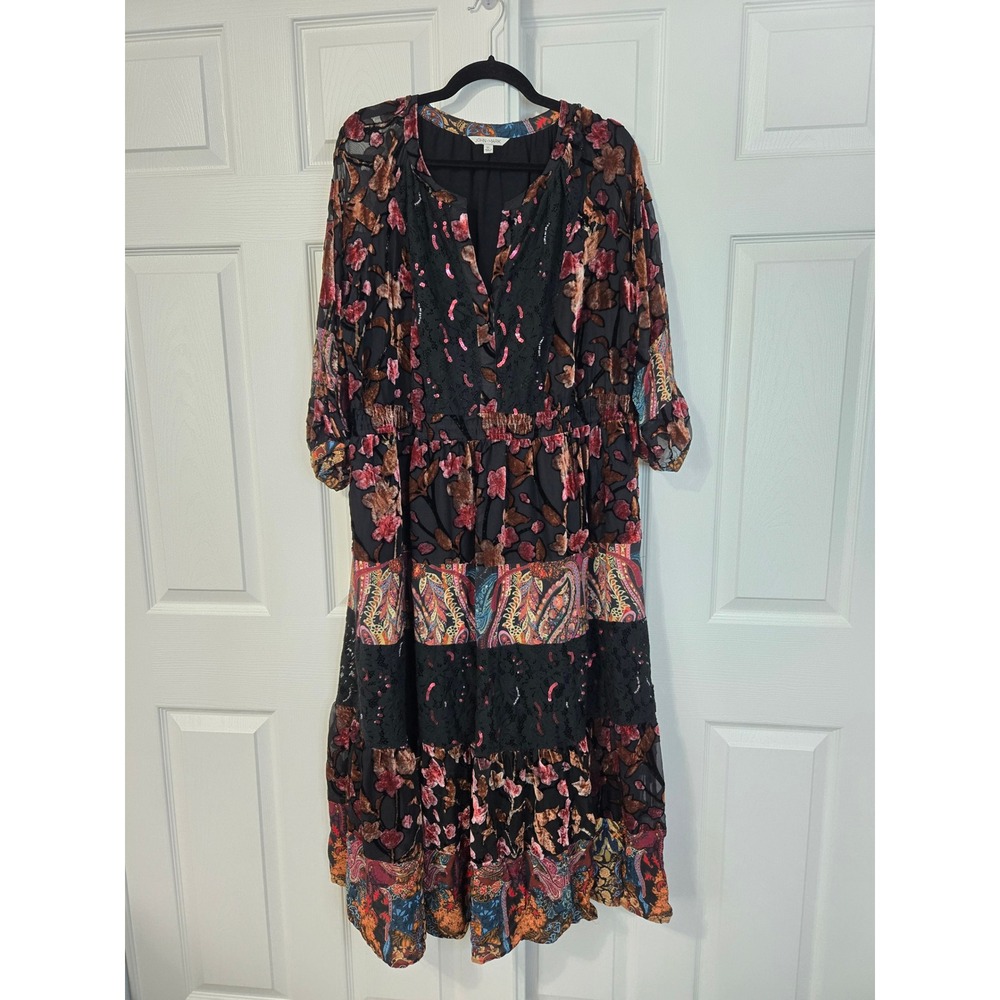 John Mark XL Velvet Burnout Paisley Lace Patchwork Tiered Midi Dress Black